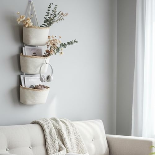 TeoKJ Over the Door Hanging Basket, 3-Tier Woven Cotton Wall-Mounted Storage Organizer Bag Decorative Hanging Nursery Baskets, White & Light Brown - Image 4