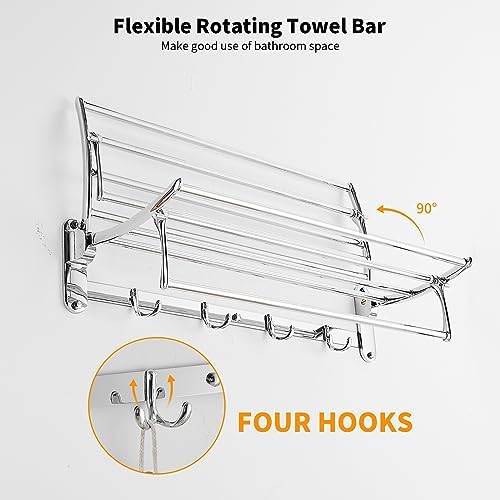 BESy Towel Racks with Foldable Towel Bar Hooks Wall Mounted Polished Chrome - Image 5