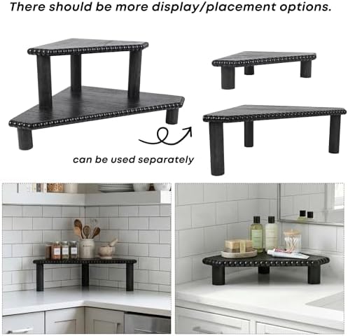 2-Tier Rustic Corner Shelf for Kitchen Counter,Wood Beaded Farmhouse Countertop Organizer with Removable Feet, Stackable Bathroom Vanity & Coffee Bar Decorative Riser Stand(Rustic Black) - Image 6