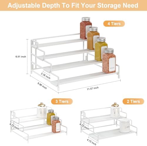 RUILALIFE 4-Tier-Spice-Rack-Organizer-for-Cabinet, Adjustable Depth Spice Holder Shelf For Countertop Pantry Cupboard, Metal Tiered Seasoning Organizer,Display Shelf Riser (White-2 Pack) - Image 3