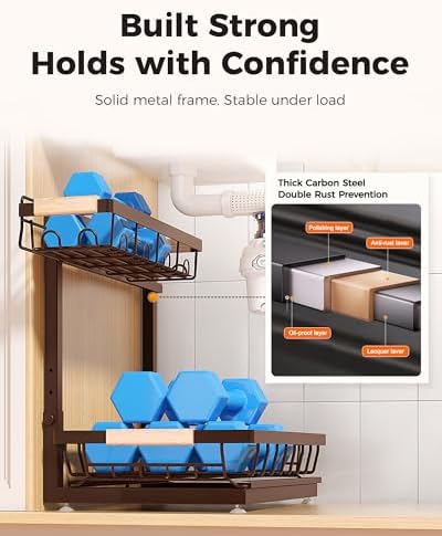 Sevenblue 3-Pack 2-Tier Height Adjustable Under Sink Organizer, Brown - Image 6