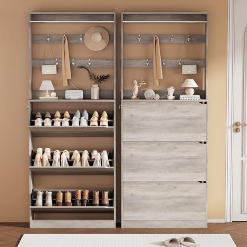 Grey Hidden Shoe Cabinet with 3 Flip Drawers & Coat Rack, Entryway - Image 3