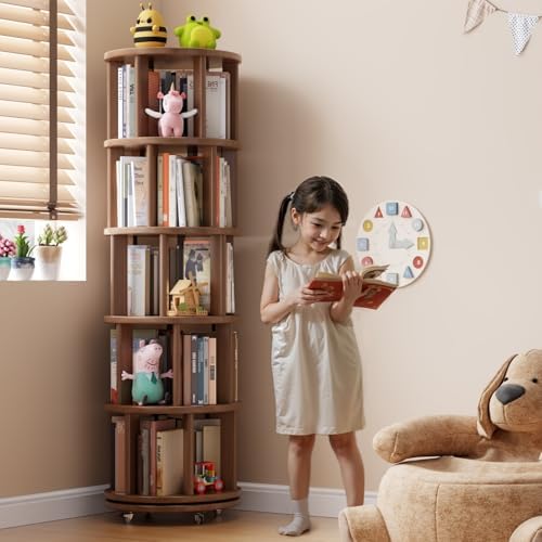 Muwuele 5 Tier Solid Wood Rotating Bookshelf Tower on Wheels, Walnut - Image 3