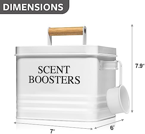 Calindiana Modern Farmhouse Metal Laundry Scent Booster Beads Dispenser Container with Scoop for Laundry Room Decor and Accessories and Space Saving Laundry Room Organization and Storage, White - Image 3