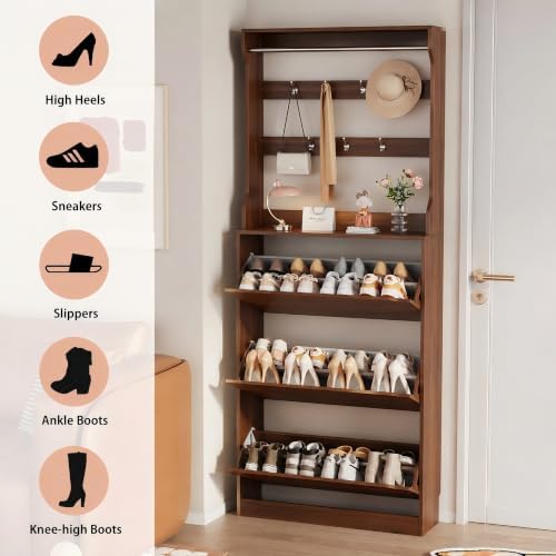 Walnut Hidden Shoe Cabinet with 3 Flip Drawer & Coat Rack, Entryway - Image 7