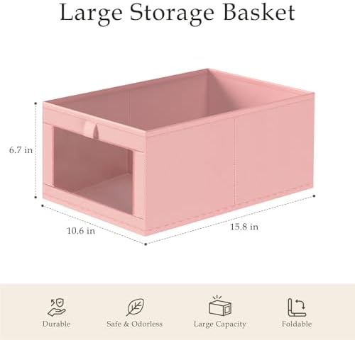 Criusia 4 Pack Linen Closet Organizers and Storage, Closet organizer Large Linen Closet Baskets for Organization, Foldable Storage Containers for Towels, Clothing, Jeans, Books, Shelves, Pink - Image 3