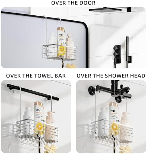 SHANSHUI Shower Hanging Caddy, Bathroom Shower Organizer Basket, Shampoo Bracket, Over Door Showers Rack with Hooks, 304 Stainless Steel Rustproof - Image 2