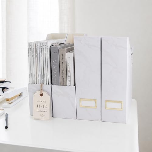 BLU MONACO Set of 4 Magazine Holders | White Marble Design with Gold Label Holders | Foldable File Organizer Boxes for Desk, Office & Classroom | Stylish Paper & Magazine Storage - Image 5