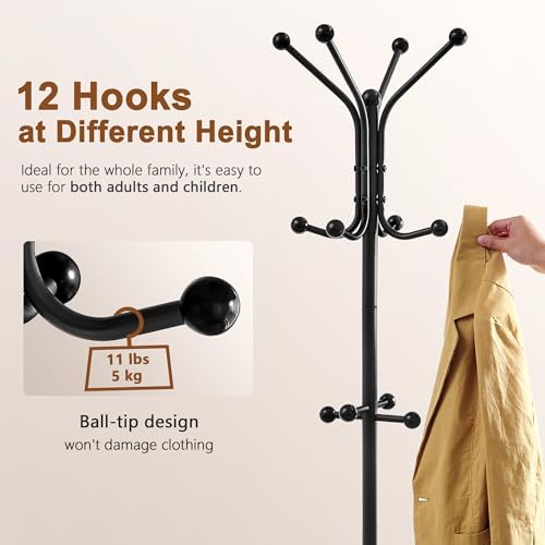 Hoctieon Coat Rack Freestanding, Coat Tree with Umbrella Holder, Metal Coat Rack Stand with 12 Hooks, Standing Coat Hanger Stand, Umbrella Stand for Entryway, Hat Rack Stand for Home Office, Black - Image 6