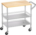 WDT 3 Tier Rolling Kitchen Carts with Wheels, Heavy Duty Rolling Utility Cart with Wood Tabletop, Commercial Grade Metal Cart with Handle and Hooks, NSF Storage Serving Island Carts, Light Wood+Metal by WDT