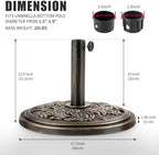 Backyard Expressions 20 lb Patio Umbrella Base Stand, Decorative Rose Medallion Antique Bronze Finish, Fits 1.5–1.9 in Poles w/Adapters, 18 in Round Weighted Outdoor Umbrella Holder for Deck & Table - Image 4