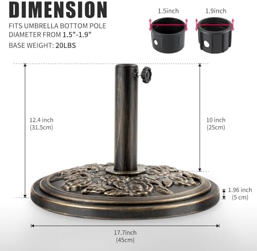 Backyard Expressions 20 lb Patio Umbrella Base Stand, Decorative Rose Medallion Antique Bronze Finish, Fits 1.5–1.9 in Poles w/Adapters, 18 in Round Weighted Outdoor Umbrella Holder for Deck & Table - Image 4