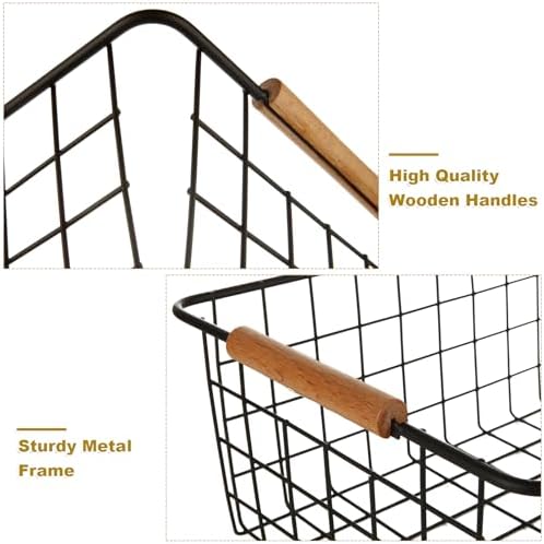 4 Pack Black Metal Wire Storage Baskets, Pantry Baskets for Organizing, Wire Food Storage Basket Organizer with Wooden Handles for Kitchen, Pantry, Freezer - 29 x 22 x 12cm - Image 7