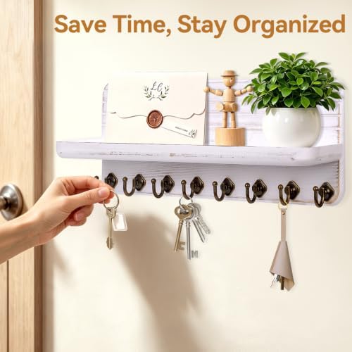 Key Holder for Wall, Mail Organizer Wall Mount with 8 Hooks Wooden Hanging Key Rack for Home Decor, Hallway, Entryway (Vintage White) - Image 2