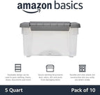 Amazon Basics Plastic Storage Containers with Secure Latching Lids, Stackable Organization Bins, Clear/Grey, 5 Quart, Set of 10 - Image 2