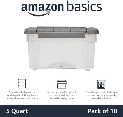 Amazon Basics Plastic Storage Containers with Secure Latching Lids, Stackable Organization Bins, Clear/Grey, 5 Quart, Set of 10 - Image 2