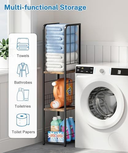 KIMBORA Narrow Towel Storage for Bathroom, 3-Tier Free Standing Bathroom Towel Rack Organizer with Shelf for Small Bath, Pool, Brown - Image 7
