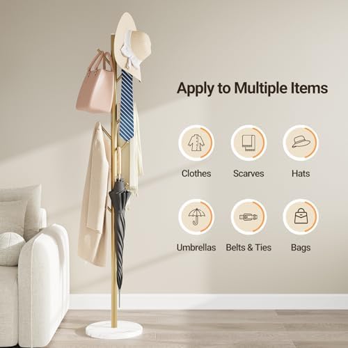 Coat Rack Freestanding, Metal Coat Rack with Natural Marble Base, Gold - Image 5