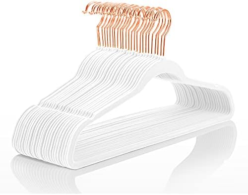 MIZGI White Velvet Hangers 50 Pack Non Slip Heavy Duty Rose Gold Hooks by MIZGI