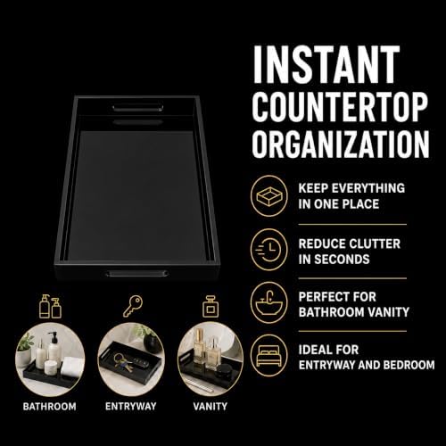 Black Tray 15x10” with Cut Handles - Large Plastic Tray for Ottoman Coffee Table, Kitchen, Office & Serving Guests - Modern Countertop Organizer & Ideal Decorative Tray - Image 6