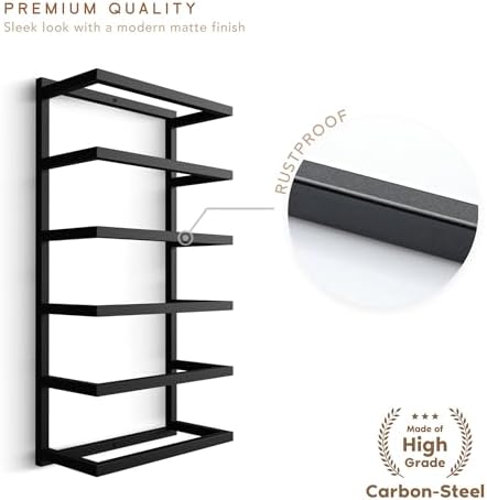 Modern 5-Tier/6-Tier Towel Rack - Wall-Mounted Black Metal Towel Shelf for Bathroom, Space-Saving Storage for Towels, Organizers, and Home Decor (6-Tier) - Image 3