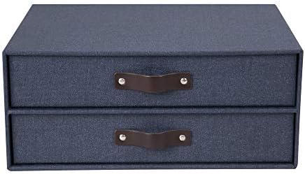 Bigso Birger 2-Drawer Canvas Fiberboard Easy Pull Handle Document Letter Box | Desktop Drawers for Loose Papers and Documents | Desktop Storage Drawers with Leather Handles | 13.1” x 10” x 5.7” | Blue - Image 4