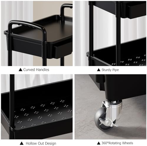 4 Tier Rolling Utility Cart with Drawer, Plastic Storage Organizer Rolling Carts with Wheels Handles Hanging Cups Hooks for Office, Bathroom, Kitchen,Craft Art Room (Black) - Image 5