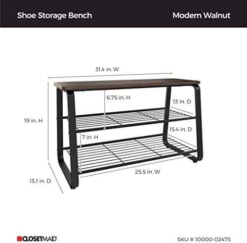 ClosetMaid 3-Tier Shoe Rack Bench - Metal Frame, Wire Shelves, Wood Seat - Entryway, Hallway, Living Room, Mudroom Organizer - Modern Walnut Finish - Image 3