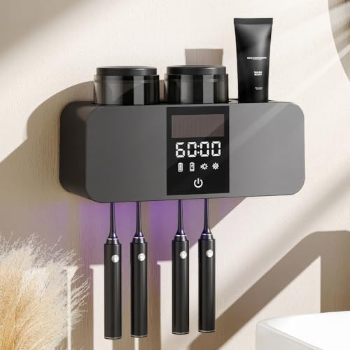 Smart Wall-Mounted Toothbrush Holder with Solar Charging, 4 Brush Slots & 2 Cup, Multi-Function Electric Toothbrush Organizer with Built-in Dryer for Home Bathroom (Black - 2 Cups) by WREWING