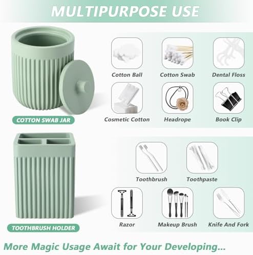 XLHOMO Resin Light Green Bathroom Accessories Set 5 Pcs, Lotion Soap Dispenser, Toothbrush Holder, Bathroom Tumbler, Qtip Holder and Vanity Tray, Bathroom Countertop Organizer Set for Modern Apartment - Image 4