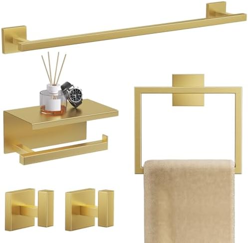 TQKAG 5-Pieces Brushed Gold Bathroom Hardware Accessories Set 23.6" SUS304 Stainless Steel Towel Bar Set Wall Mounted Square Toilet Paper Holder with Shelf by TQKAG