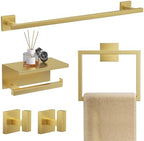 TQKAG 5-Pieces Brushed Gold Bathroom Hardware Accessories Set 23.6" SUS304 Stainless Steel Towel Bar Set Wall Mounted Square Toilet Paper Holder with Shelf by TQKAG
