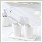 Ceramic Bathroom Accessory Set, 7 Pieces Countertop Accessories, Include Soap Dispenser, Toothbrush Holder, 2 Tumbler Cup, Soap Dish, Plastic Vanity Tray, Qtip Holder (White) - Image 3