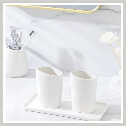 Ceramic Bathroom Accessory Set with Ceramic Tray, 6 Pieces Bathroom Countertop Accessory Set, Include Soap Dispenser, Toothbrush Holder, 2 Tumbler, Soap Dish, Vanity Tray,White - Image 3