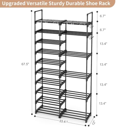 ROJASOP Shoe Rack Organizer, 10-Tier Metal Shoe Rack for Closet Entryway Garage, 32-36 Pairs Tall Shoe Boot Storage Shelf with Hooks, Stackable Large Shoe Stand, Black - Image 3