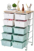 VEVOR Rolling Cart with Drawers, Double Row 10 Drawer Storage Organizer, Mobile Utility Cart, Wood Top, Steel Frame, Universal Casters & 2 Brakes, for Office, Classroom, Craft Room, Studio, Blue White by VEVOR