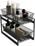 IBERG 2 Tier Bathroom Organizer Under Sink with Pull Out Drawer (Black) by IBERG