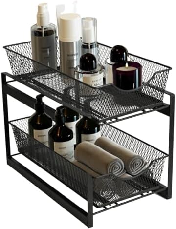 IBERG 2 Tier Bathroom Organizer Under Sink with Pull Out Drawer (Black) by IBERG
