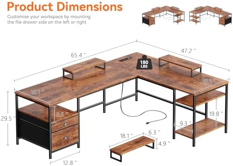 Furologee 66'' L Shaped Desk with Power Outlet and 2 Drawers, Rustic Brown - Image 3