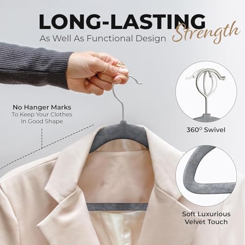 Our Modern Space 200 Pack Velvet Hanger for Shirt Pants Dresses Skirts Suits Jackets - Slim Space Saving Design - Standard Coat Hanger - Sturdy & Durable Design with Shoulder Grooves Hook - Image 4