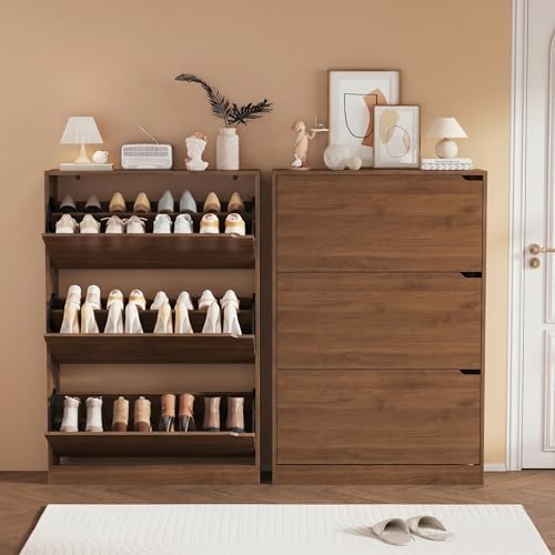 Shoe Storage Cabinet, Wood Shoe Organizer for Entryway with 3 Flip Drawers, Freestanding Shoe Rack with Adjustable Shelf, Narrow Shoe Dresser for Front Door Entrance (Walnut, Standard 3 Drawers) - Image 5