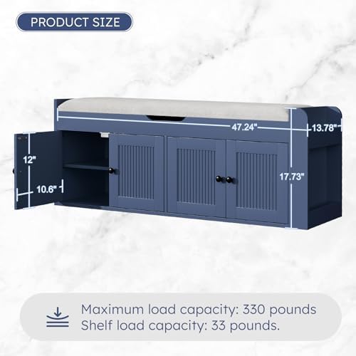 47.2" Storage Bench - Entryway Shoe Bench with Side Storage Shelves and 4 Doors, Multifunctional Entryway Bench with Lift Top Cushion, Shoe Storage Bench for Bedroom, Living Room, Navy Blue - Image 2
