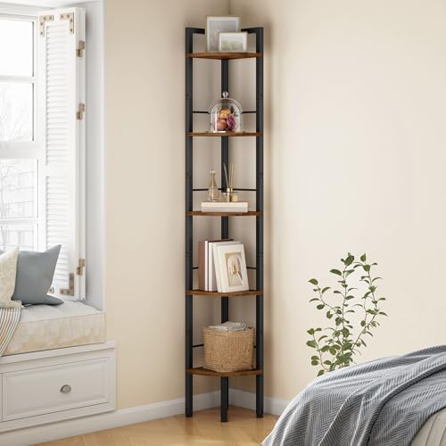 Tajsoon Corner Shelf Stand 5 Tier 60.5" with Metal Frame, Rustic Brown by Tajsoon