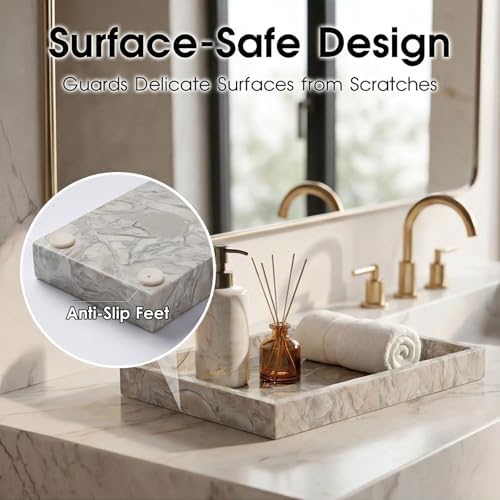 Natural Marble Tray Heavyweight Stone Vanity Tray for Bathroom Countertop, Coffee Table & Dresser - Handcrafted Rectangular Organizer (Gray X, 12" x 8" x 1.2") - Image 4