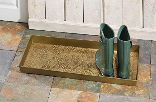 HF by LT Poppies Pattern Metal Boot Tray, 30 x 13 inches, Antique Brass Finish - Image 3