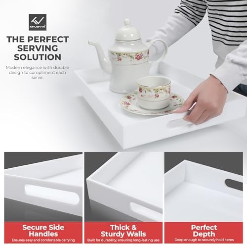White Tray 20×12" with Cut Handles - Spill Proof Decorative Tray is an Ideal Countertop Organizer for Living Rooms, Ottoman Coffee Tables, Offices, Kitchens & Serving Guests - Image 3