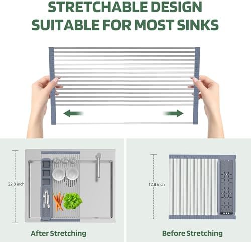 BBXTYLY Expandable Roll Up Dish Drying Rack,Over The Sink Drying Rack Sink Kitchen Accessories Rolling up Stainless Steel Drainer, Foldable with Removable Utensil Holder(Gray) - Image 5