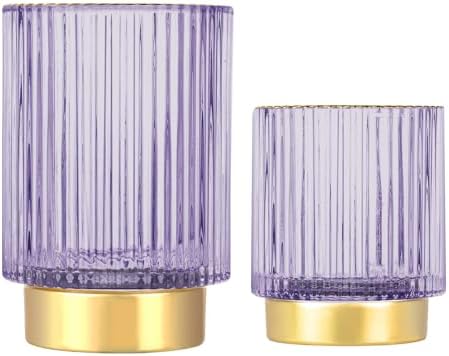 DASITON Makeup Brush holder Organizer,Crystal Cosmetic Makeup Brush Glass Brushes Storage Holder, Vintage Make Up Brush Cup Pen Pencil Holder striped vase(Purple S+L) by DASITON