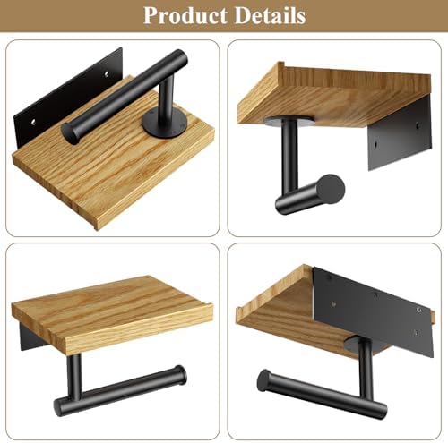 Tindbea Toilet Paper Holder with Wood Shelf, Wooden Wall Mount Tissue Roll Holder, Matte Black Stainless Steel Bathroom Accessories Decor for Household Home Apartment Restroom Essential (Red Oak) - Image 5