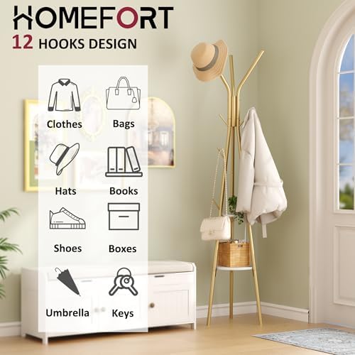 HOMEFORT Coat Rack, Coat Hanger Stand with 2 Shelves, Freestanding Hall Tree, Metal Hat Hanger with 12 Hooks for Clothes Hats and Scarves (Gold) - Image 5